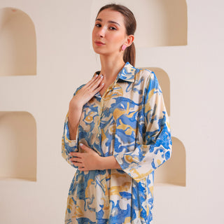 Abstract Harmony Button-Up Dress  Blue