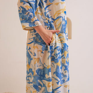Abstract Harmony Button-Up Dress  Blue