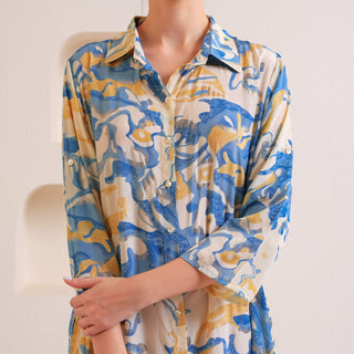 Abstract Harmony Button-Up Dress  Blue
