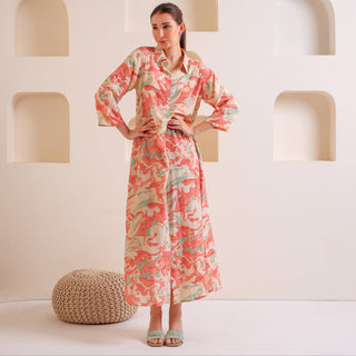 Abstract Harmony Button-Up Dress Red